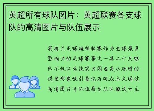 英超所有球队图片：英超联赛各支球队的高清图片与队伍展示