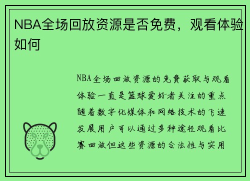 NBA全场回放资源是否免费，观看体验如何